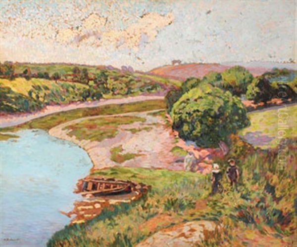 Breton Et Bretonne Au Bord De L'aven Ou Riviere A Kerscaff Oil Painting by Henri Delavallee