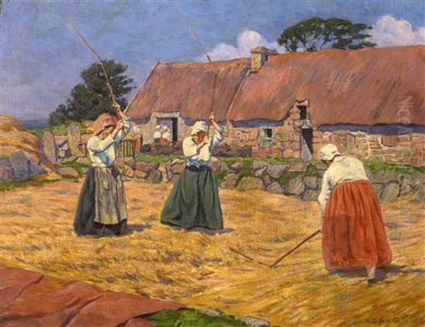 Cour De Ferme A Benarven - Bretonnes Aux Fleaux Oil Painting by Henri Delavallee