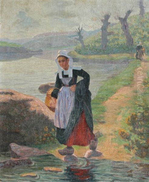 Bretonne Au Bord De L'aven Oil Painting by Henri Delavallee