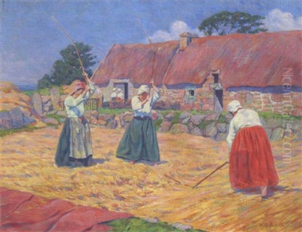 Cour De Ferme A Ben Aven - Bretonnes Aux Fleaux Oil Painting by Henri Delavallee