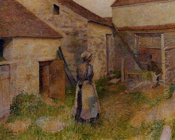 Travail A La Ferme, Jeune Fille Dans La Cour Oil Painting by Henri Delavallee