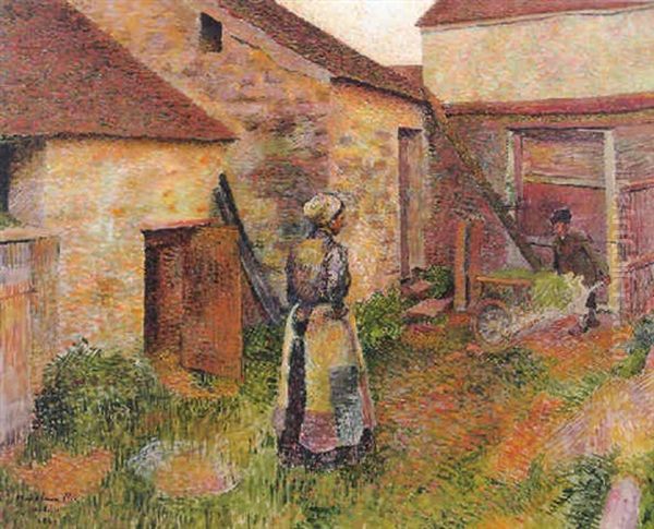 Travail A La Ferme - Jeune Paysanne Dans La Cour Oil Painting by Henri Delavallee