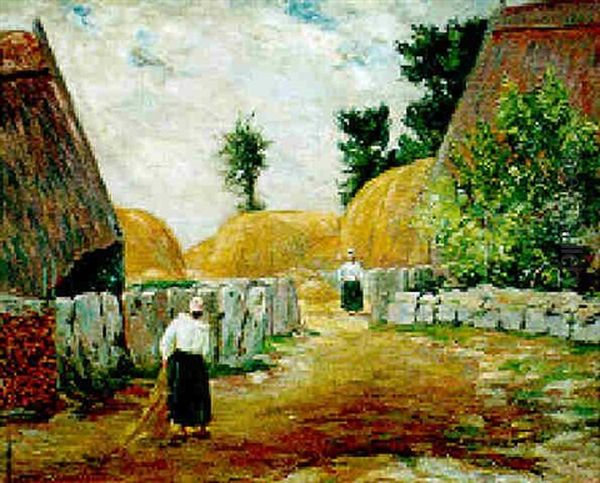 Les Tas De Foin Pres De La Ferme Oil Painting by Henri Delavallee