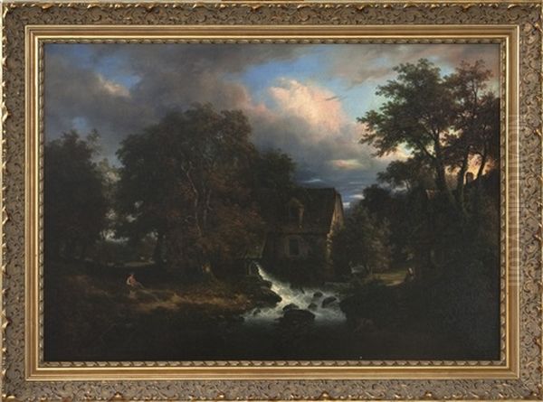 Landscape With Water Mill, Figures, And Grazing Cattle Oil Painting by Charles Claude Delaye