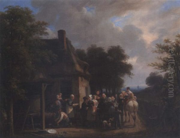 Le Repas Devant La Ferme Oil Painting by Charles Claude Delaye