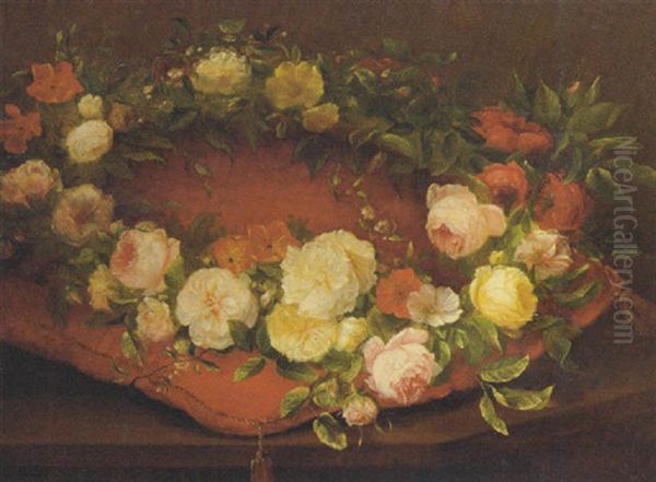 A Garland Of Pink, Yellow And Red Roses And Other Flowers On A Cushion Oil Painting by Anna Catharina Machtilda de Rijk-van Delden