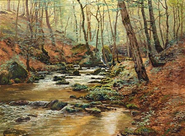 Herbstliche Waldlandschaft Mit Flirrendem Lichteinfall Auf Sprudelnden Bach Oil Painting by Leon Delderenne