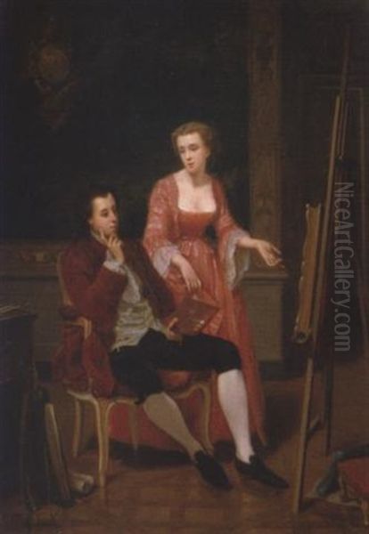 Maler Und Dame Beim Betrachten Eines Gemaldes Oil Painting by Marcelin Delechaux