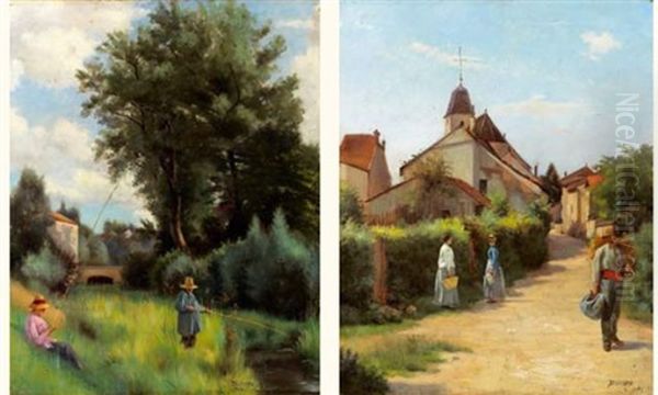 Scenes Villageoises Et Champetres (pair) Oil Painting by Auguste-Joseph Delecluse