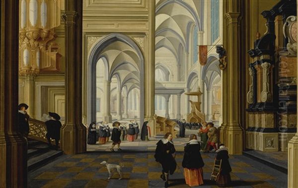 An Imaginary Church Interior With A Staircase, An Organ, A Tomb, And Elegant Figures, With A Dog In The Foreground Oil Painting by Dirck Van Delen