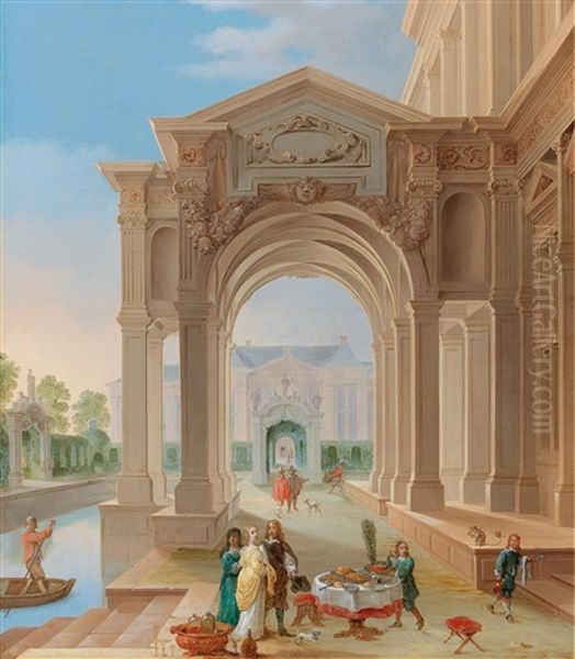 A Palace Courtyard With Elegant Figures Oil Painting by Dirck Van Delen