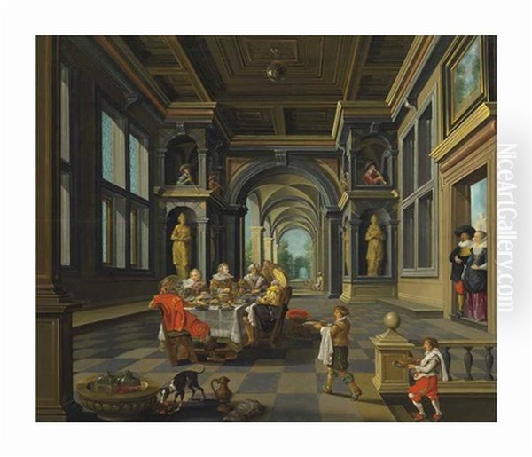 A Palatial Interior With The Parable Of Lazarus And Dives Oil Painting by Dirck Van Delen