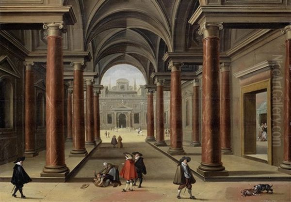 A Courtyard Of A Palace With Elegant Figures, A Couple Brawling In The Foreground Oil Painting by Dirck Van Delen