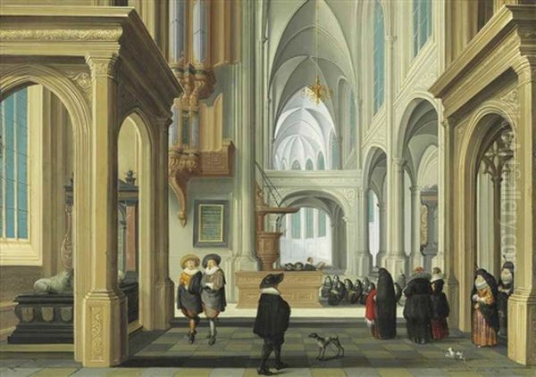 A Church Interior With Elegant Company Attending A Christening Oil Painting by Dirck Van Delen