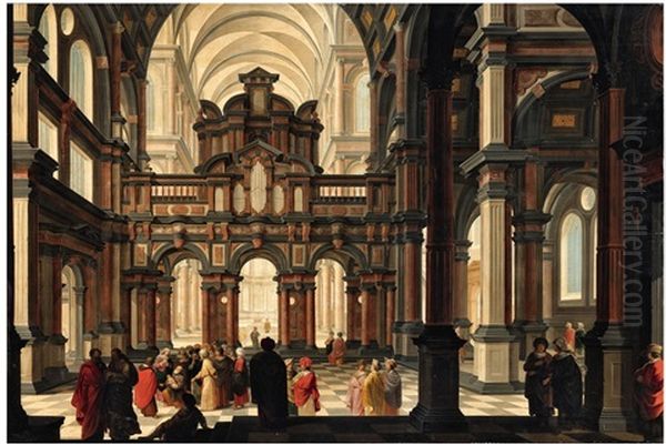 A Church Interior With The Presentation Of Jesus In The Temple by Dirck Van Delen