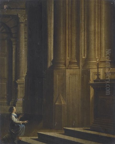 Lady Kneeling Before An Altar In A Candlelit Church Interior Oil Painting by Dirck Van Delen