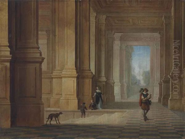 An Italian Loggia With Elegant Figures And A Dog Oil Painting by Dirck Van Delen