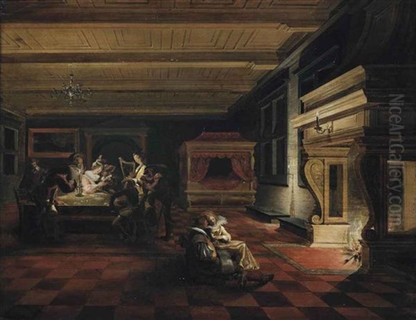 An Interior With Elegantly Dressed Figures Playing Cards And Making Music, Others Reading By A Fireplace Oil Painting by Dirck Van Delen