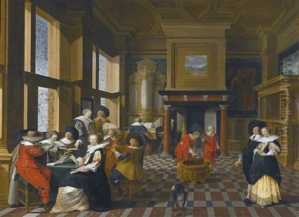 An Interior Scene With Elegant Figures Playing Music Oil Painting by Dirck Van Delen