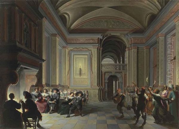 A Palatial Interior With Figures Dining And Carnival Revellers Oil Painting by Dirck Van Delen