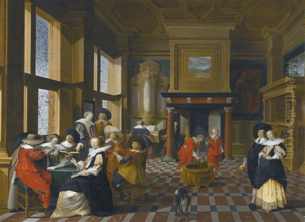 An Interior Scene With Elegant Figures Playing Music Oil Painting by Dirck Van Delen