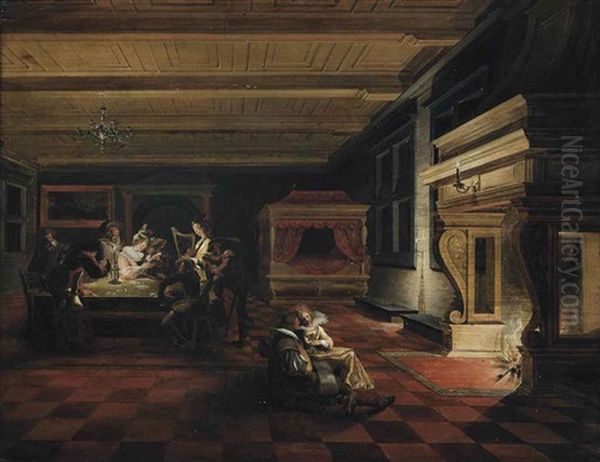 Elegantly Dressed Figures Playing Cards And Making Music, Others Reading In Front Of A Fireplace, In An Interior With A Canopy Bed Oil Painting by Dirck Van Delen