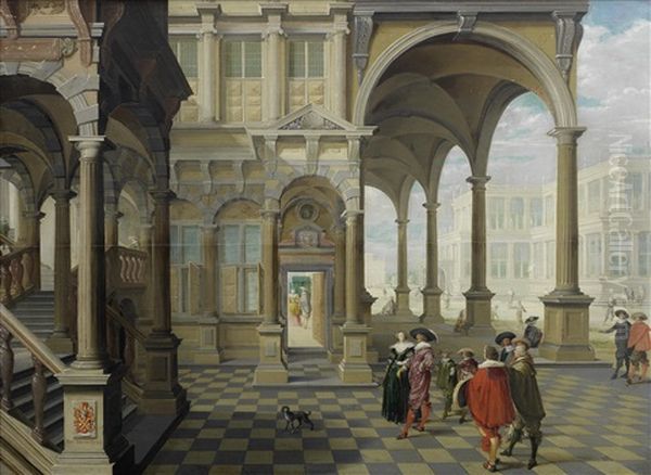 A Noble Family And Its Entourage In A Palace Courtyard, A Group Of Men Playing A Ball Game Beyond Oil Painting by Dirck Van Delen