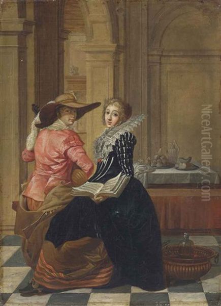 A Young Couple In An Interior Oil Painting by Dirck Van Delen