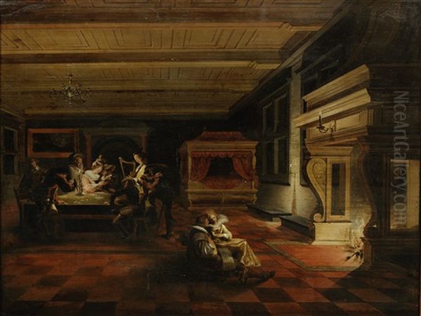 Elegant Figures Making Music And Reading In A Palace Interior Oil Painting by Dirck Van Delen