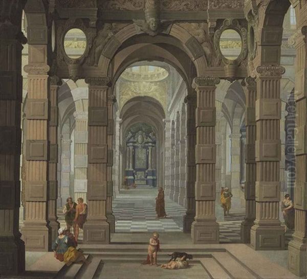 Interior Of A Baroque Church With A Friar And Peasants Oil Painting by Dirck Van Delen