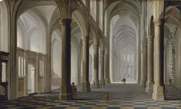 The Interior Of A Gothic Church With Elegant Figures, A Hound In The Foreground Oil Painting by Dirck Van Delen