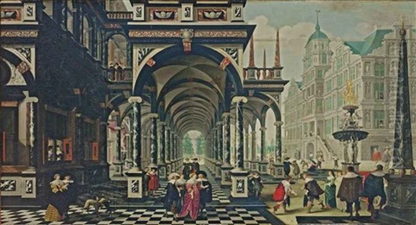 A Palace Arcade With Numerous Elegant Figures Conversing And Playing Games Oil Painting by Dirck Van Delen