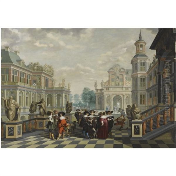 An Elaborate Palace Courtyard With Elegant Company Proceeding Towards A Great Staircase, With Four Sculpted Philosophers On Pedestals Behind Them Oil Painting by Dirck Van Delen