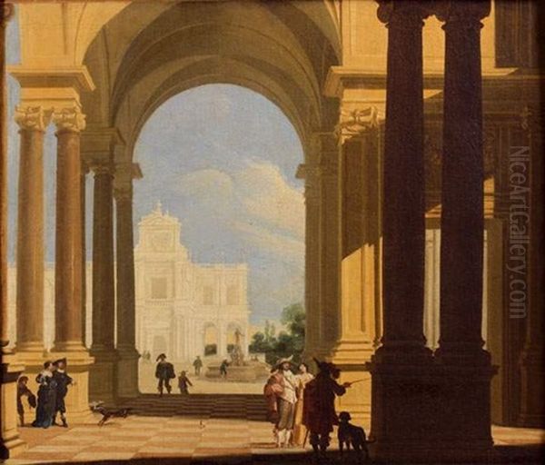 Peristyle D'un Palais Classique Anime De Personnages Deambulant Oil Painting by Dirck Van Delen