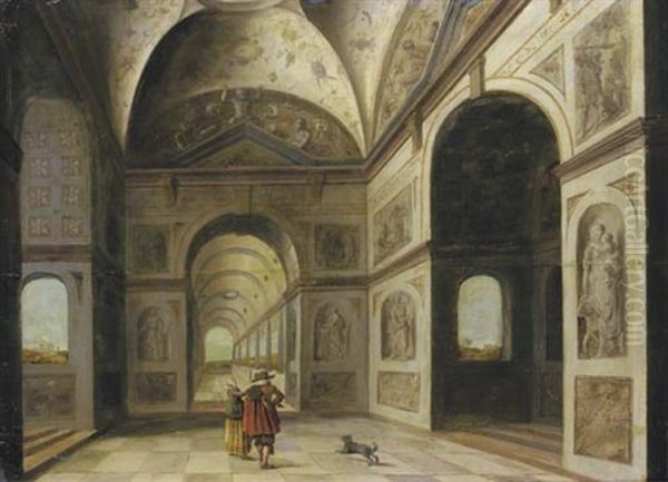 An Elegant Couple Conversing In A Loggia Decorated With Grotesques Oil Painting by Dirck Van Delen