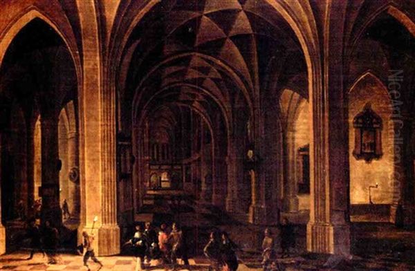 An Elegant Company In A Church Interior At Night Oil Painting by Dirck Van Delen