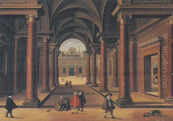 Architectural Capriccio With Figures Fighting Oil Painting by Dirck Van Delen