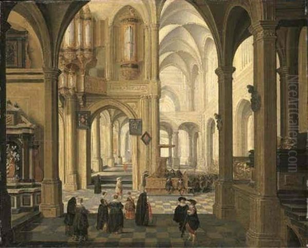 The Interior Of A Church With A Sermon In Progress, A Christening Party In The Foreground Oil Painting by Dirck Van Delen