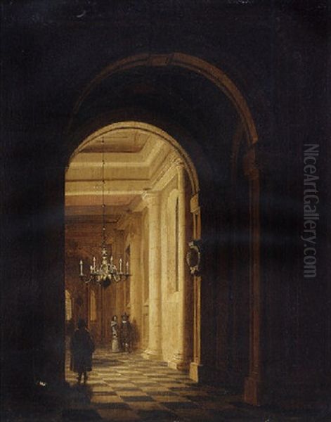 The Vestibule Of A Church, Looking East, At Night Oil Painting by Dirck Van Delen