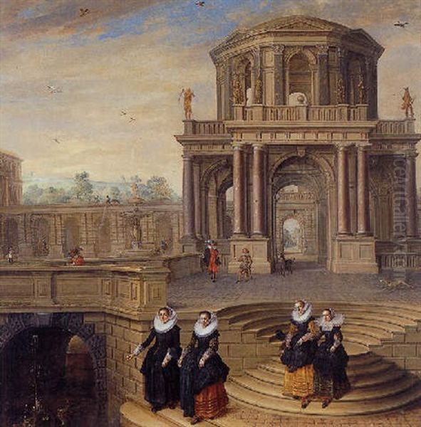 A Capriccio Of A Baroque Palace With Elegant Figures Oil Painting by Dirck Van Delen