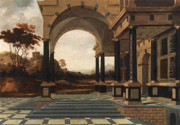 An Architectural Capriccio Of A Portico, With An Extensive Italianate Landscape Beyond Oil Painting by Dirck Van Delen