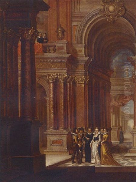 Elegant Figures In A Vaulted Building Oil Painting by Dirck Van Delen