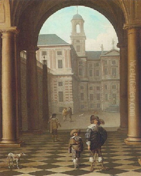 An Architectural Capriccio Of A Courtyard Of An Elegant Palace, A Man And His Son Walking In A Paved Arcade Oil Painting by Dirck Van Delen