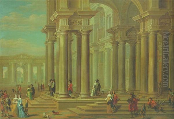 Capriccio Of A Classical Forecourt With Elegant Company Promenading Oil Painting by Dirck Van Delen