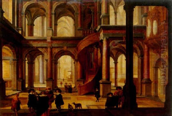 Scene D'interieur D'eglise Gothique Animee De Personnages Oil Painting by Dirck Van Delen