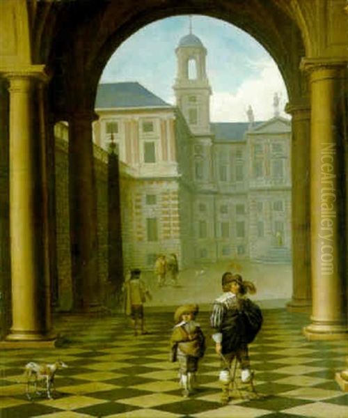 The Courtyard Of A Classical Palace With Elegant Figures And Greyhounds Oil Painting by Dirck Van Delen