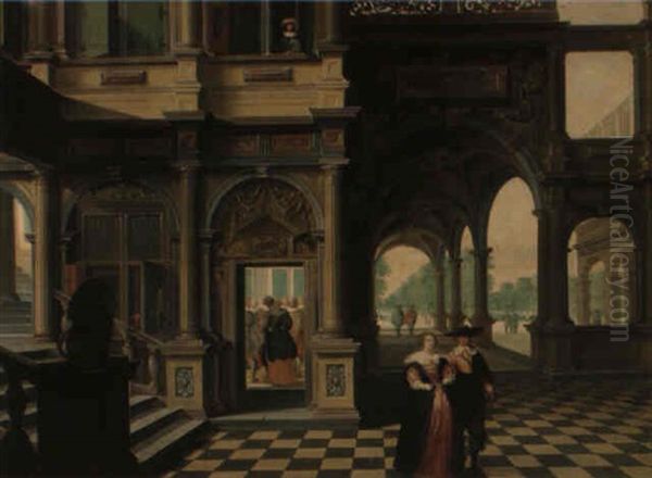 The Courtyard And Gardens Of A Palace With Figures Promenading... Oil Painting by Dirck Van Delen