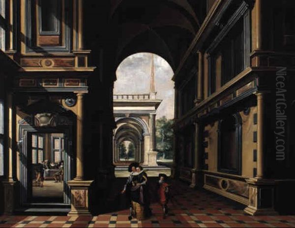 An Arcade Of A Palace With Elegantly Dressed Figures Oil Painting by Dirck Van Delen