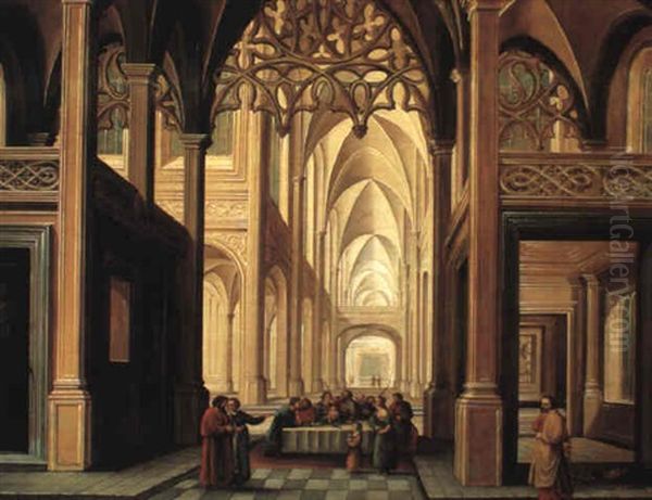 The Holy Circumcision With The Sainte Gudule Church, Brussels Oil Painting by Dirck Van Delen