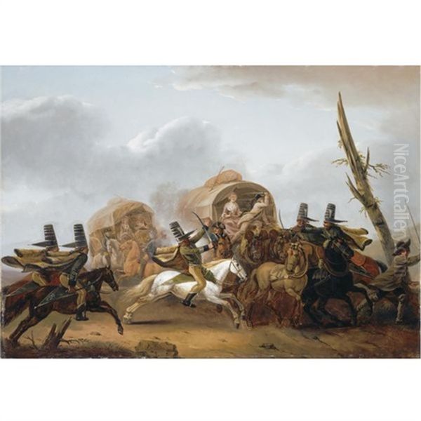 A Caravan Being Attacked By Cavalry Oil Painting by Nicolas-Louis-Albert Delerive